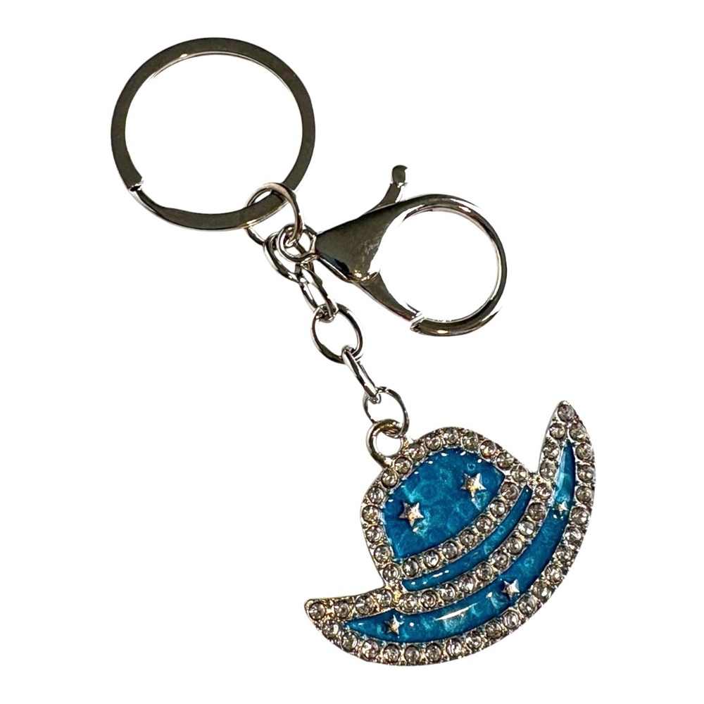 Blue Silver-Tone 4" Rhinestone Western Hat Charm Metal Enamel Key Chain
